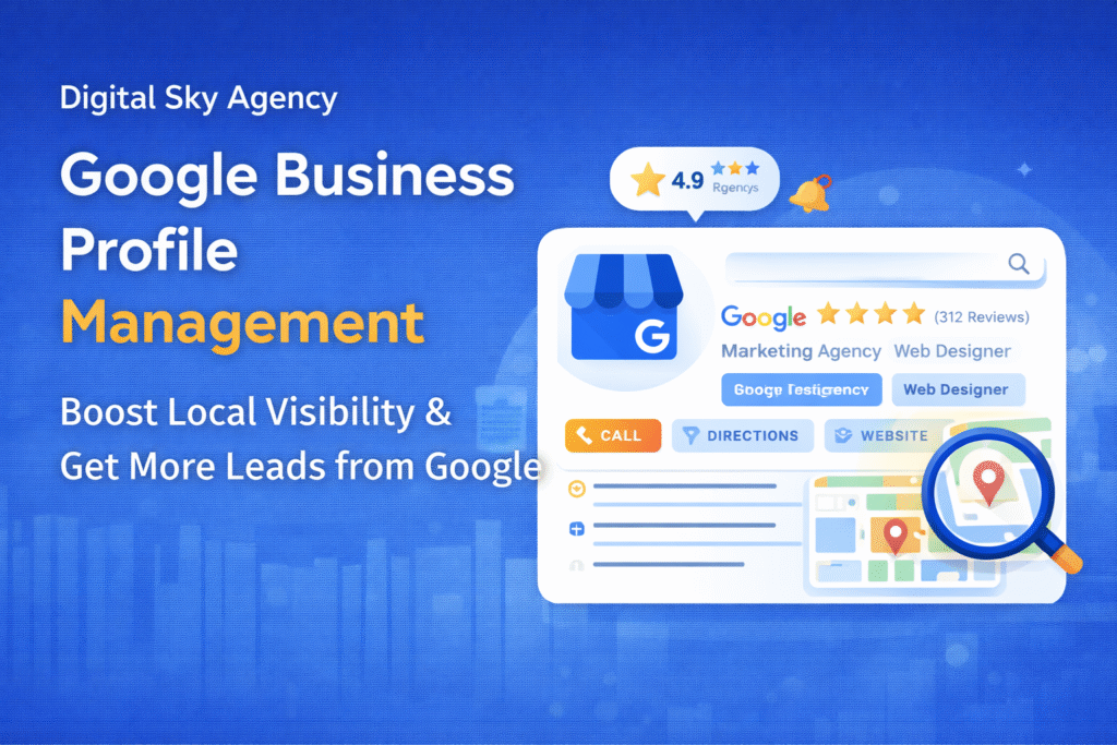 Google Business Profile management banner showing local SEO growth and map visibility