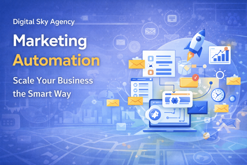 Marketing automation strategy by Digital Sky Agency showing automated email workflows and business growth system