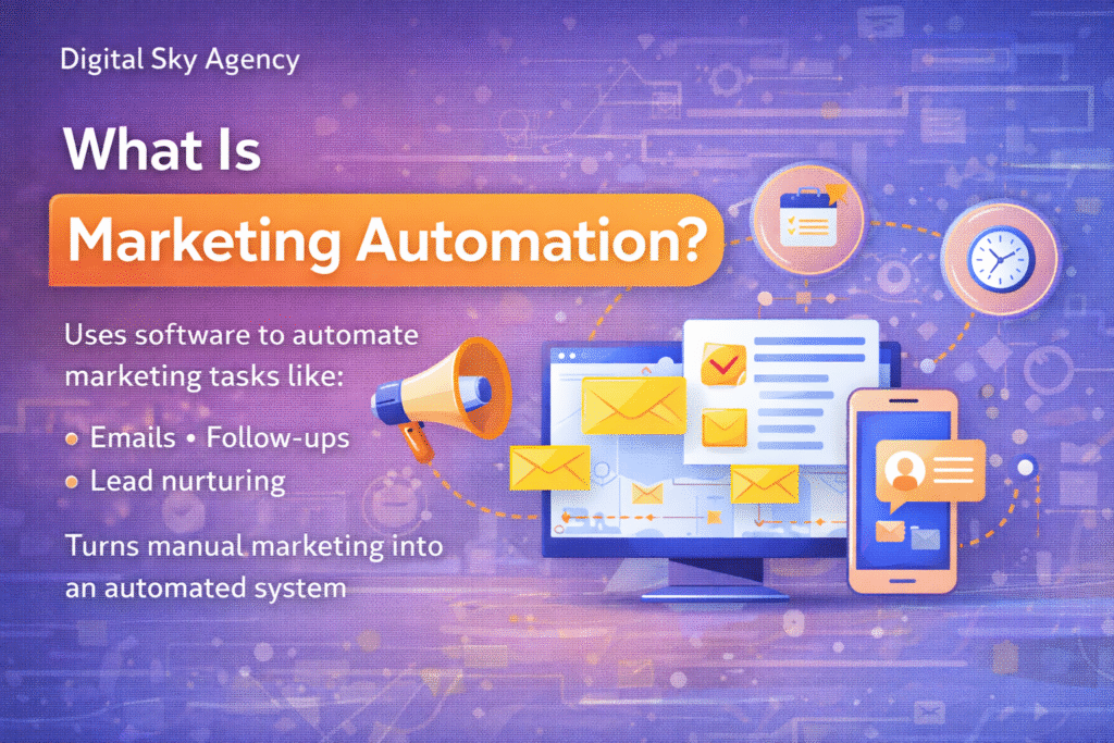 Marketing automation strategy by Digital Sky Agency showing automated email workflows and business growth system