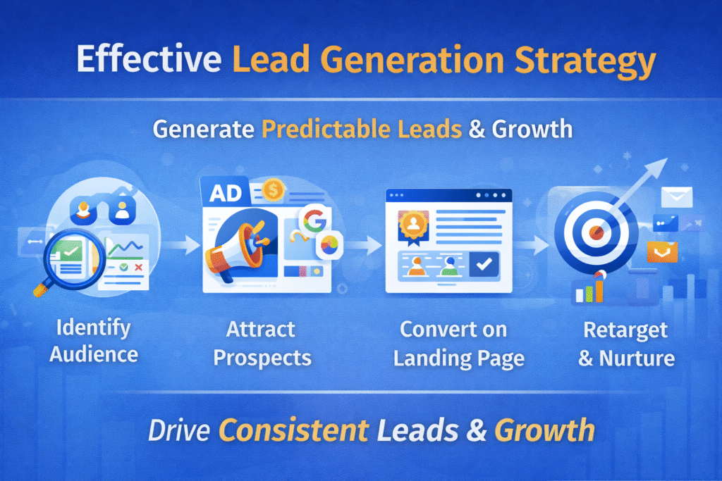 Lead generation strategy process showing audience targeting, attracting prospects, landing page conversion and retargeting