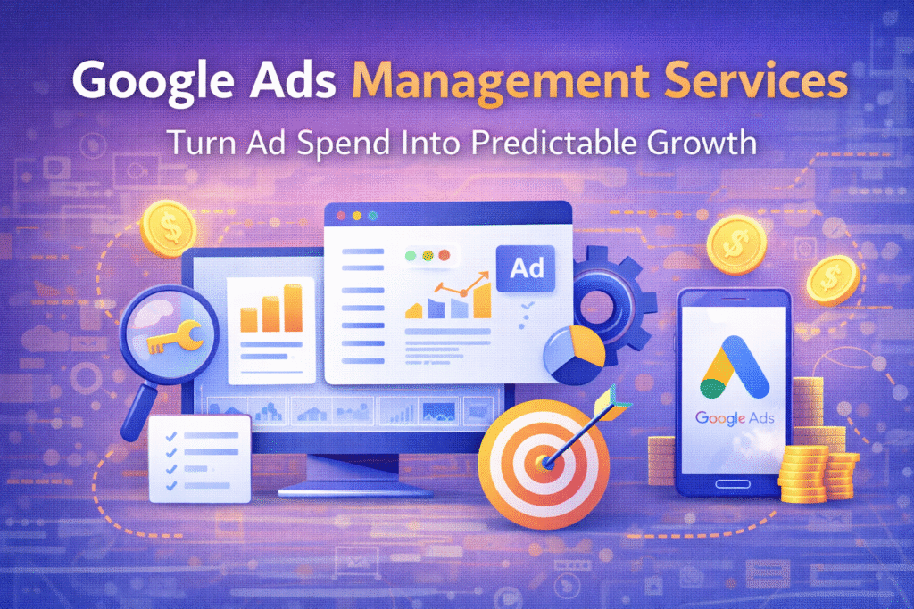 Google Ads management services banner showing campaign optimization, keyword research and ROI growth strategy