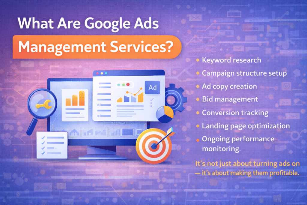 Google Ads management services showing keyword research, campaign setup, bid management and conversion tracking process