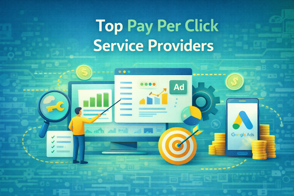 Top Pay Per Click Service Providers illustration showing PPC campaign management, Google Ads dashboard, ROI growth and paid search strategy