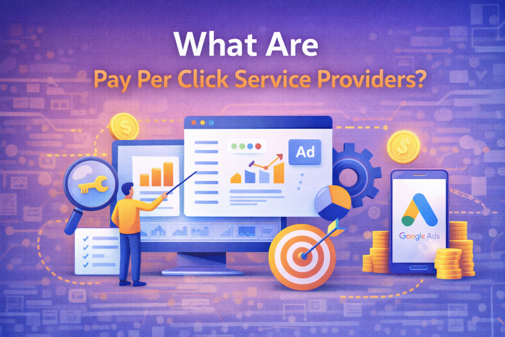 What are pay per click service providers illustration showing PPC campaign management, Google Ads dashboard and ROI growth