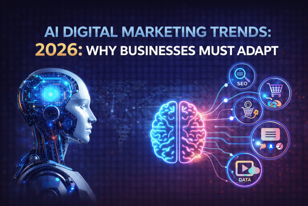AI Digital Marketing Trends 2026 Why Businesses Must Adapt futuristic AI marketing technology illustration