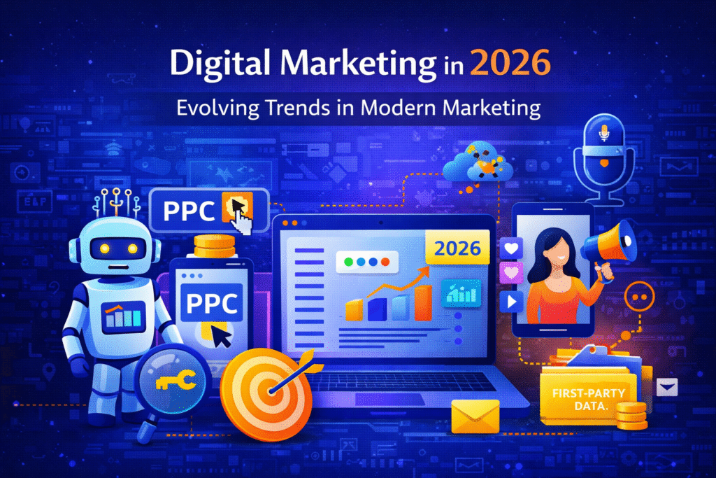 10 digital marketing trends in 2026 illustration showing AI marketing, PPC ads, automation, and online growth strategies