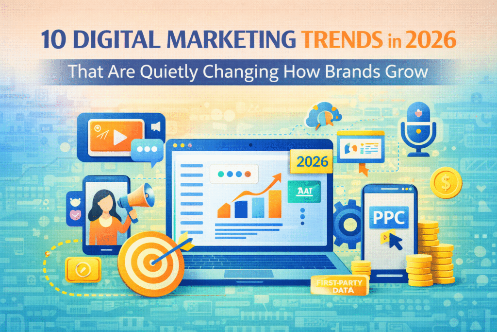 10 digital marketing trends in 2026 illustration showing AI marketing, PPC ads, automation, and online growth strategies