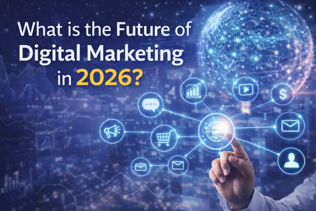 Illustration showing future digital marketing trends in 2026 with AI, data analytics, social media icons, and global connectivity concept