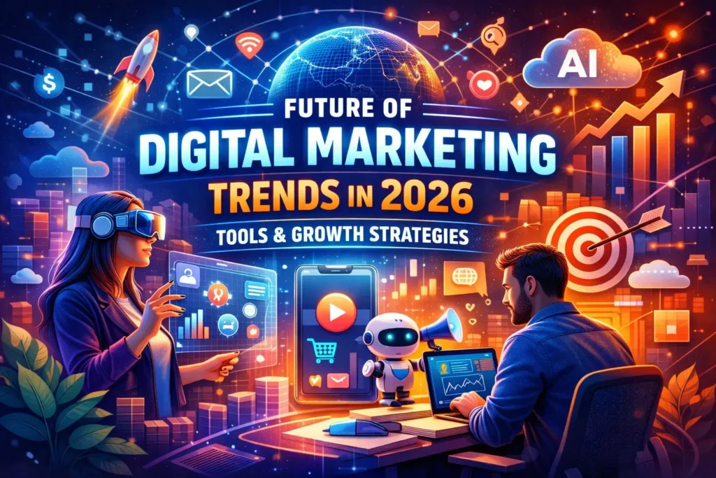 Digital marketing trends 2026 with AI tools, analytics dashboard, and futuristic marketing strategies