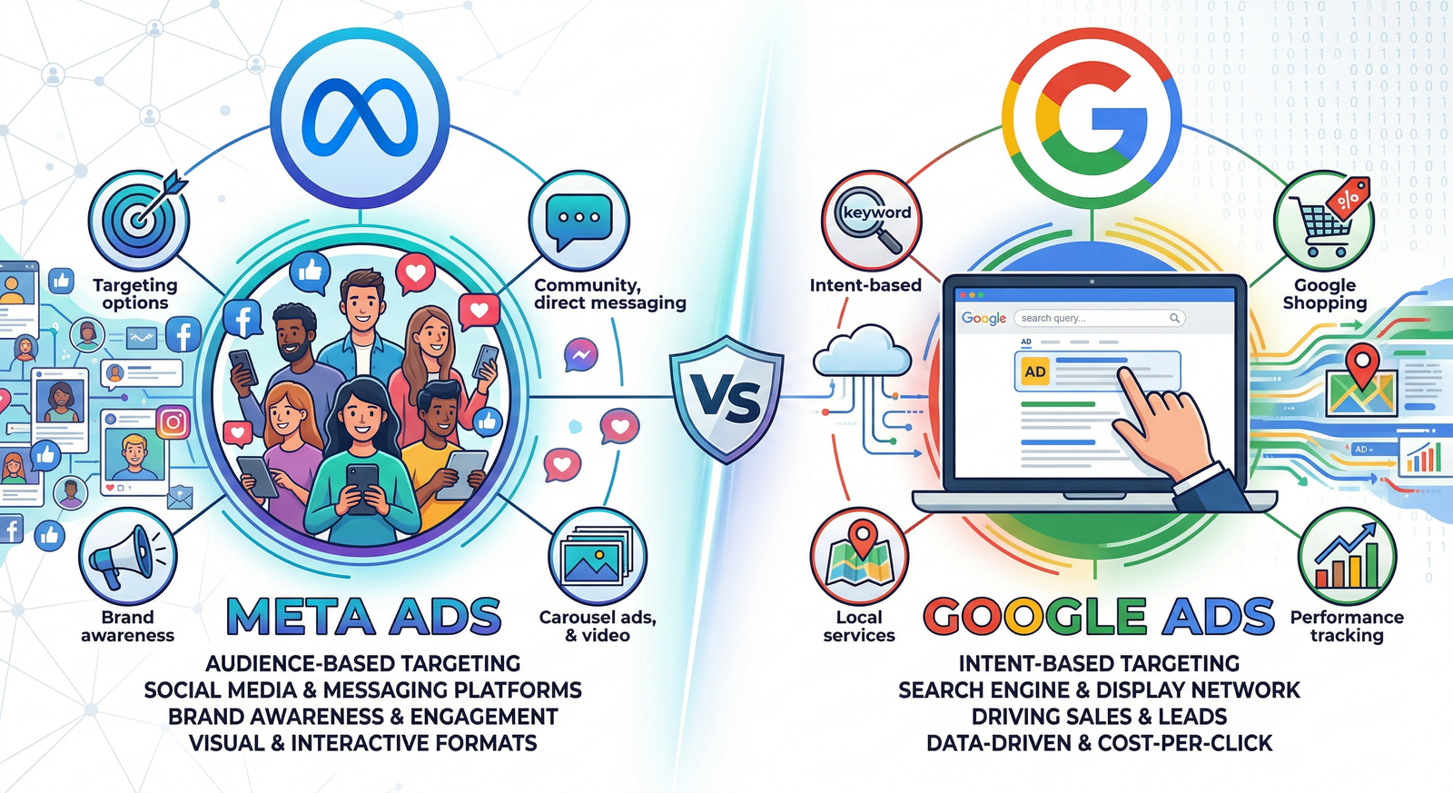 Cost comparison between Google Ads and Meta Ads showing CPC and ROI