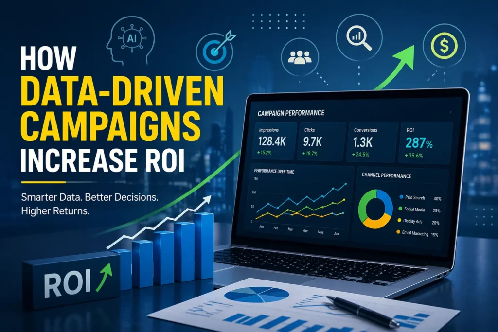 AI in performance marketing Pune showing data driven campaigns increasing ROI with analytics dashboard