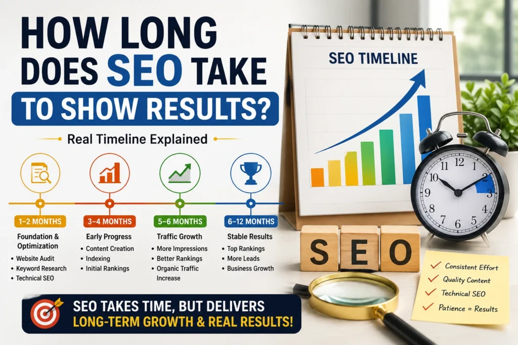 How Long Does SEO Take to Show Results infographic showing SEO timeline, rankings growth, and website optimization process