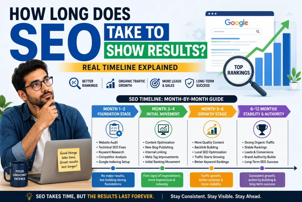 How Long Does SEO Take to Show Results infographic showing SEO timeline, ranking growth, and organic traffic improvement stages