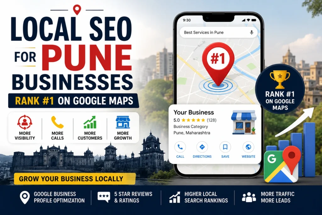 Local SEO for Pune Businesses concept showing Google Maps ranking with mobile screen and Pune city map results