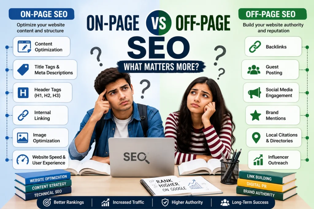 On-Page vs Off-Page SEO comparison showing confused students learning SEO strategies and backlink concepts
