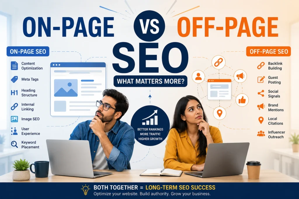 On-Page vs Off-Page SEO comparison featuring thinking employees analyzing website optimization and backlink building strategies